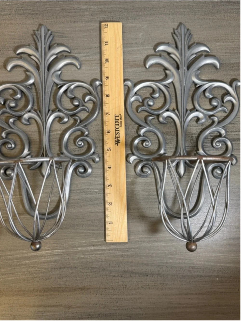 Silver Tone Metal Wall Mounted Candle Sconce Holders Pair
